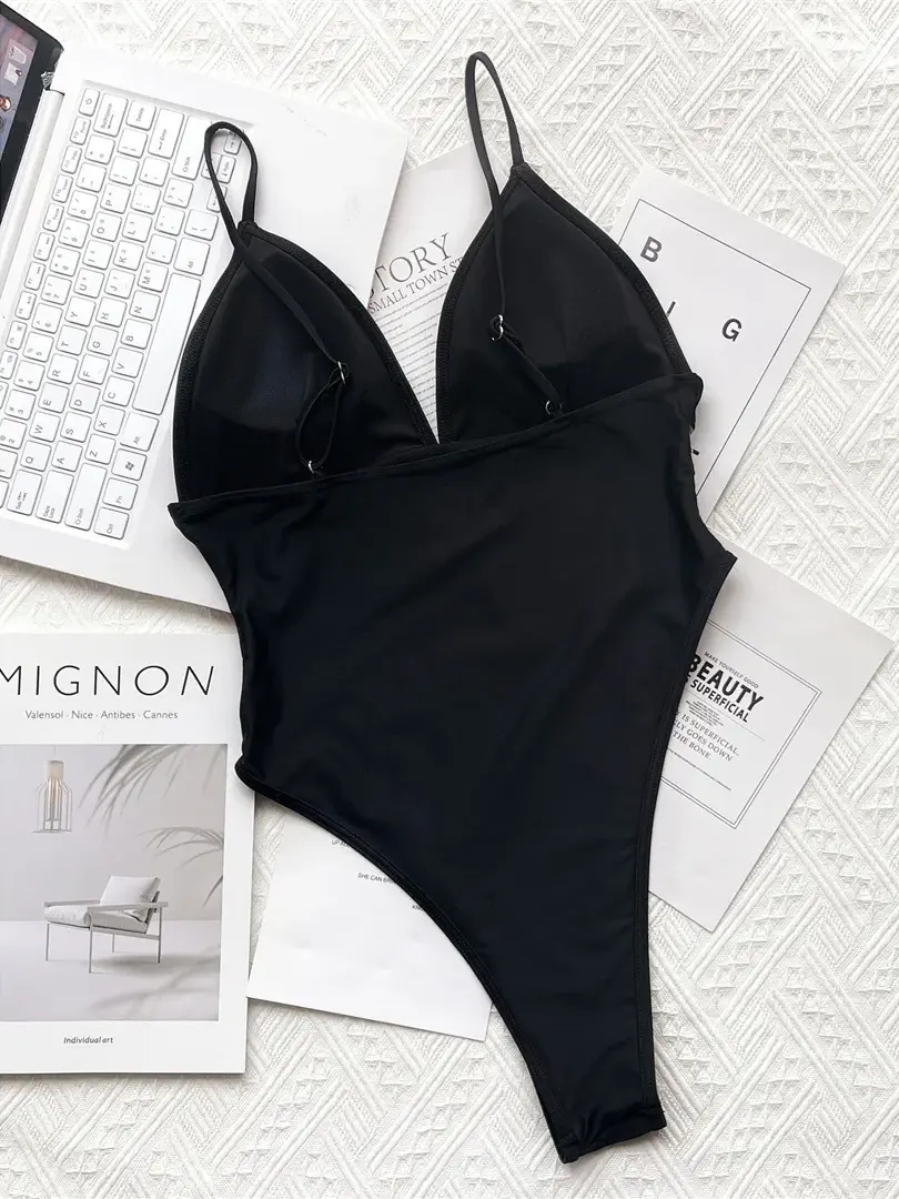 Cusuti Mesh Sheer Splicing V Neck High Cut One Piece Swimsuit