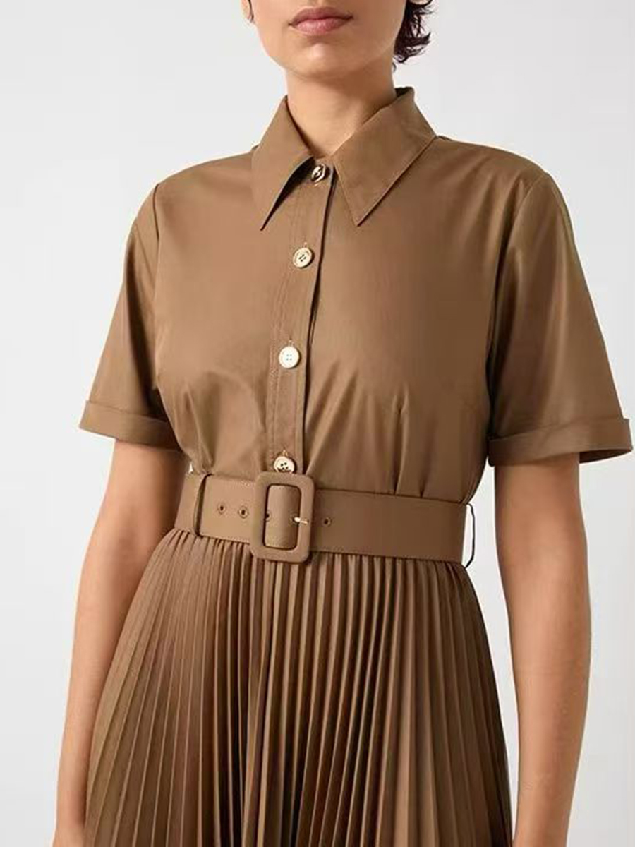 Midi Dress, Solid, Folds Decoration, Polyester Woven, Turn Down Collar for Midi Dress, Solid, Folds Decoration, Polyester Woven, Turn Down Collar view 3