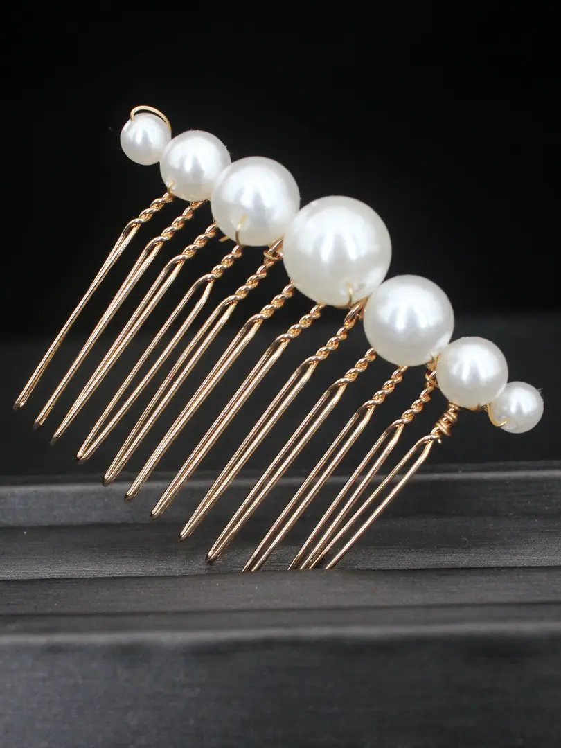 Cusuti Enchanted Pearl Tiara Hair Pin. Silver tiara pin with cascading faux pearls in a round design.