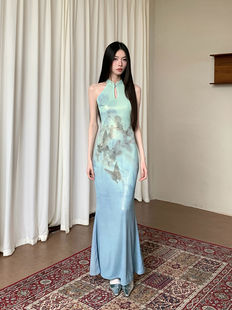 Butterfly Print Dresses, Mandarin Collar Knit Dress, Trumpet Silhouette,
