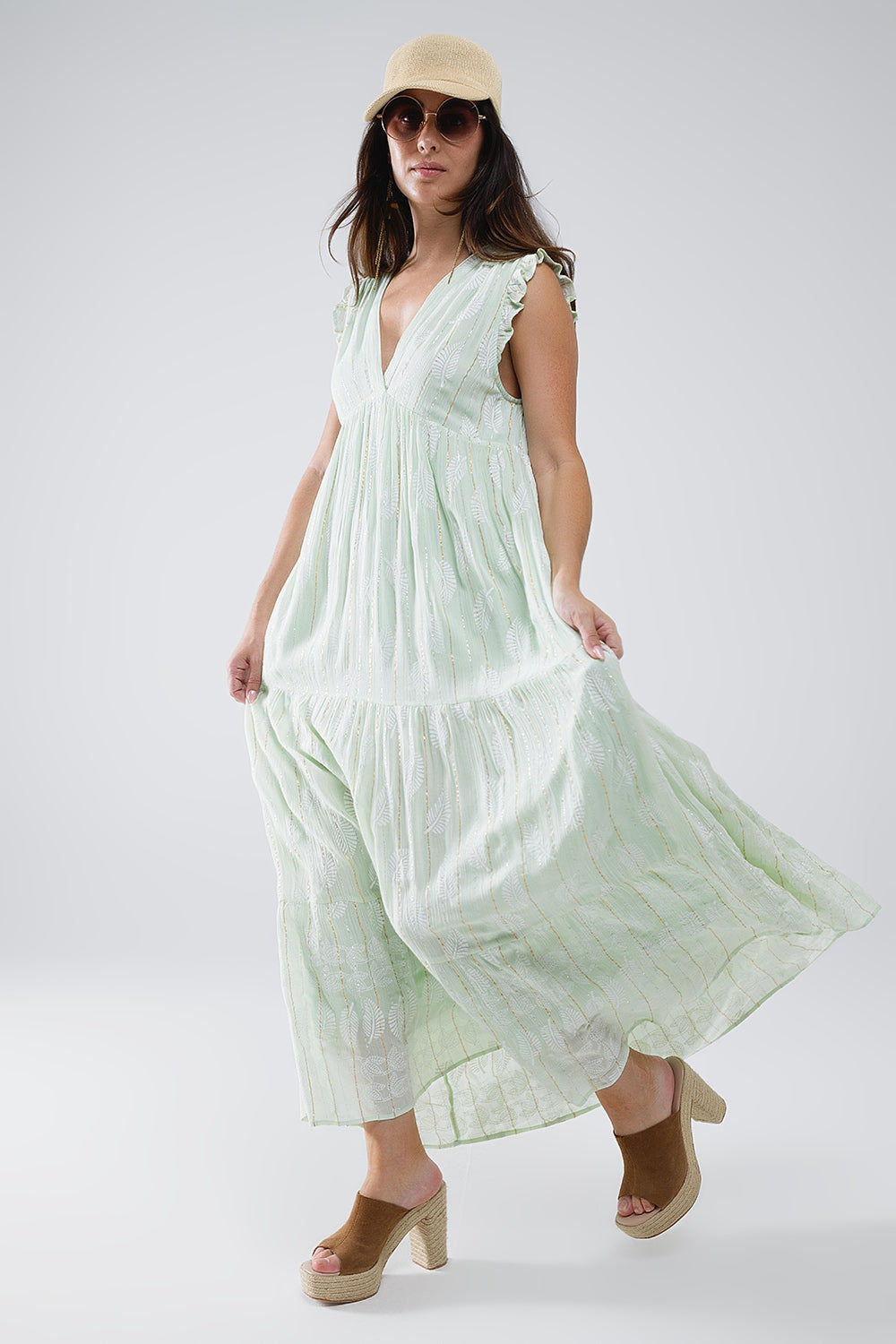 Boho Mint Maxi Babydoll Dress with Leaf Print and Lurex Accent