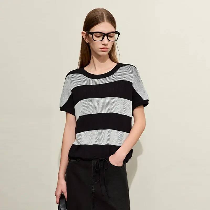 Knit Striped Top with Soft Crewneck Jumper - Spring Fashion Casual