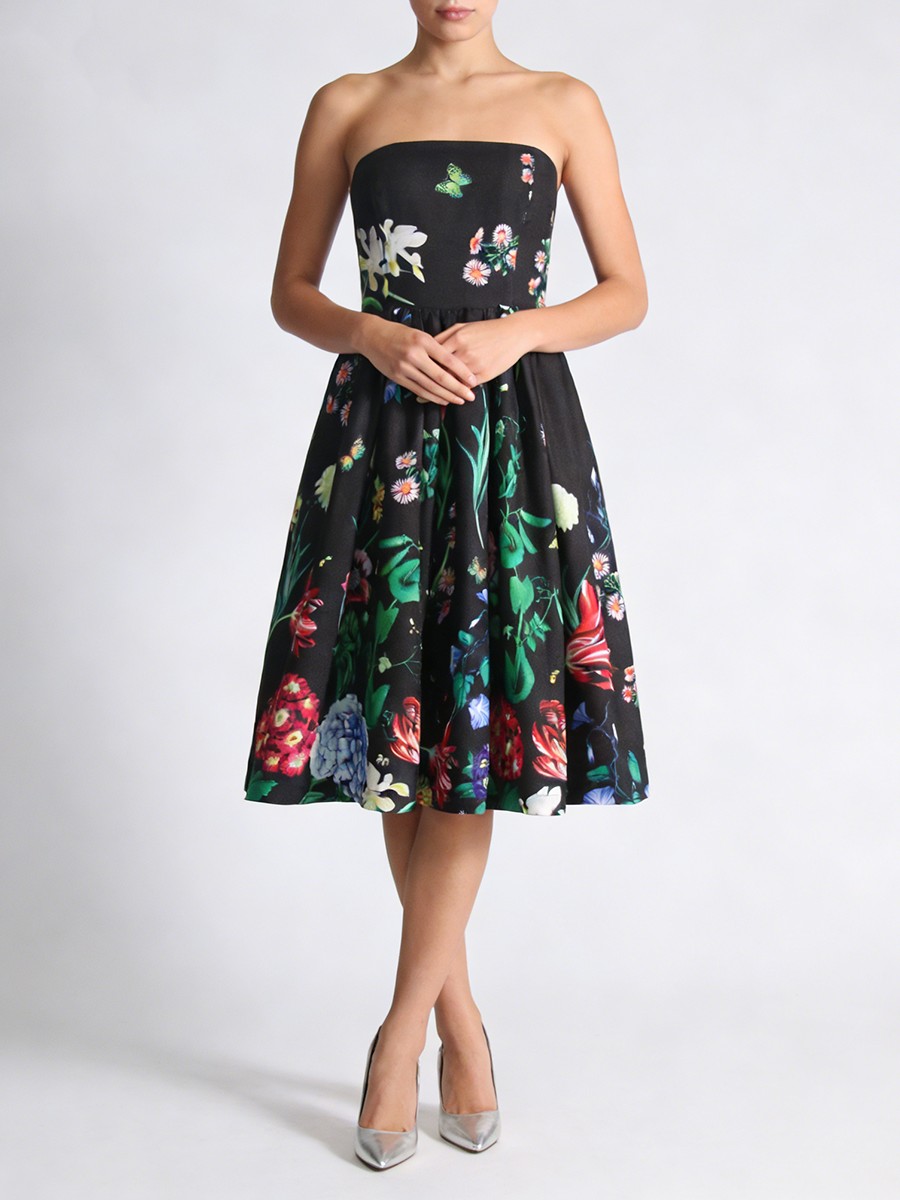 Black Printed Shirring A LINE Polyester Dress, Strapless Zipper Closure for The Modern Strapless Silhouette view 2