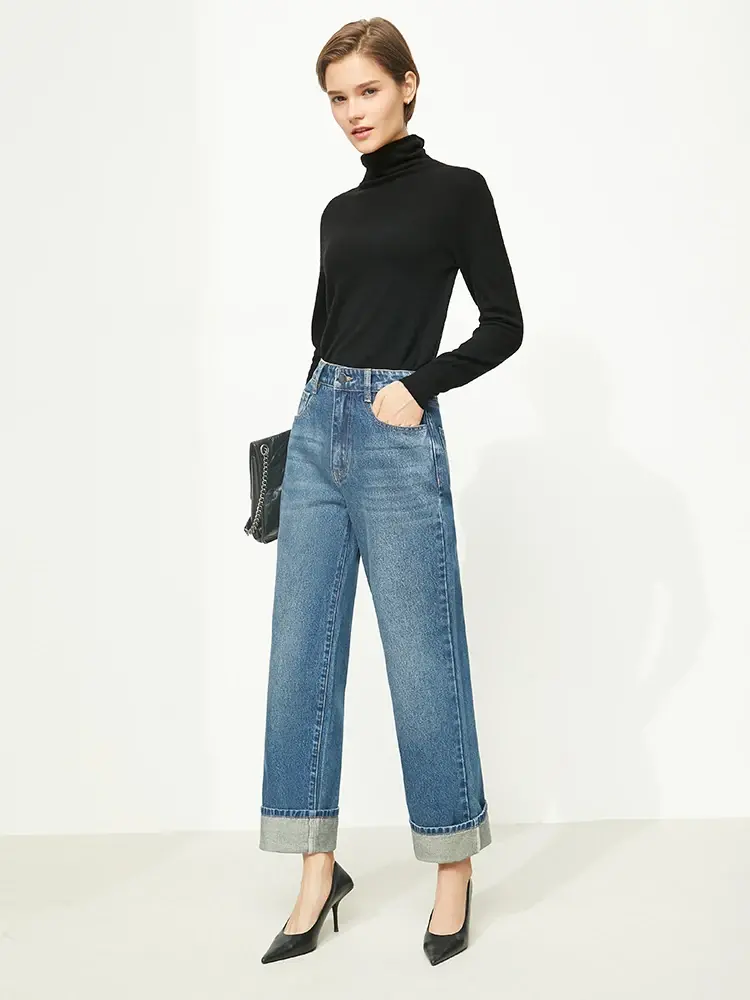 Wide Leg High Waist Set with Loose Jeans Autumn Casual Chic Pants