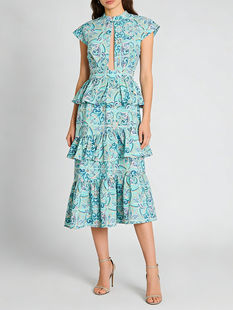 Printed Ruffle A-Line Dress, Polyester Mid-Calf Zipper O-Neck Sleeveless