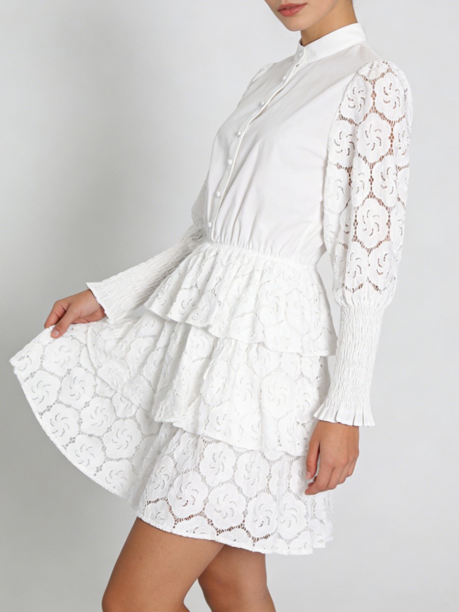 Hollow Out Mini Dress, Stand Neck A Line Polyester Dress, Tatting Ruffles for Long Sleeve A Line with Tatting view 2