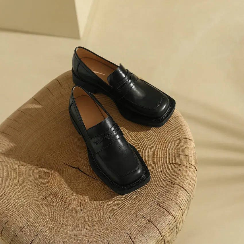 Cow Leather Loafers Square Toe Slip on Medium Square Heel Platform Business for Cow Leather Loafers Square Toe Slip on Medium Square Heel Platform Business view 3