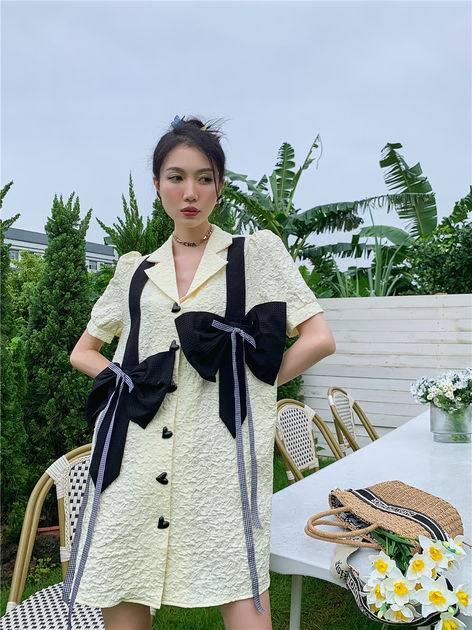 Blazer Dress, Puff Sleeve, Yellow Bow Viscose, Patchwork Mini