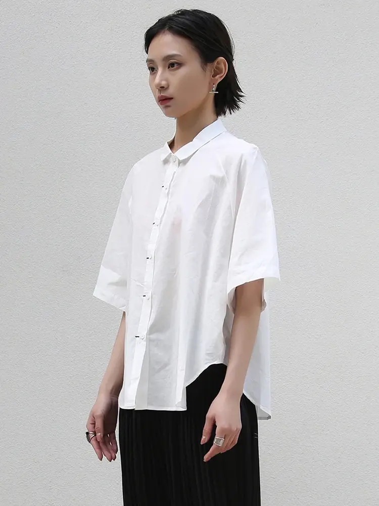 Photo of modal with Cusuti's  relaxed-fit White Jersey Shirt with turn-down collar, short sleeve with cotton-polyester fabric