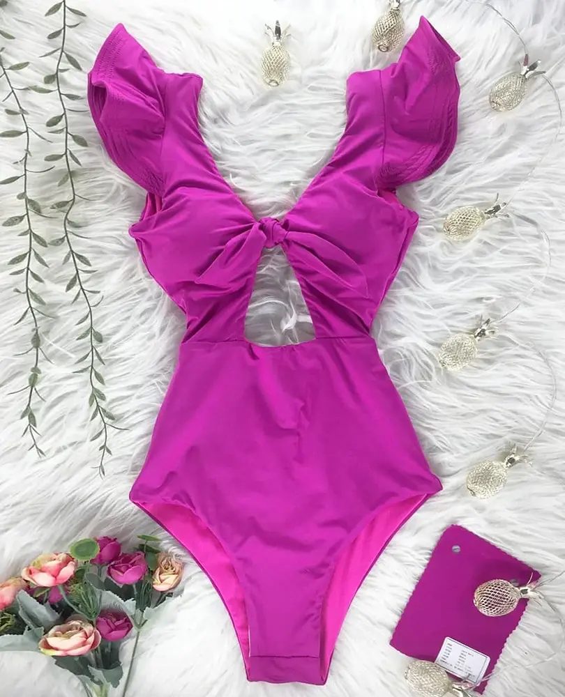 Cusuti Deep V-Neck Ruffle One Piece Swimsuit with Push Up Padded Cups