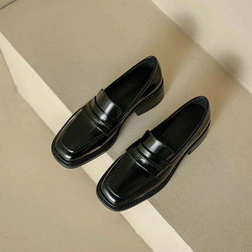 Genuine Leather Round Toe Loafers Med Square Heel Platform Office Casual for Genuine Leather Round Toe Loafers Med Square Heel Platform Office Casual view 3
