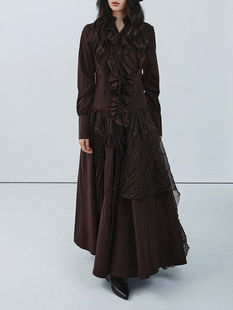 Brown Spliced Folds Dresses, Stand Neck Long Sleeve, Polyester A-Line