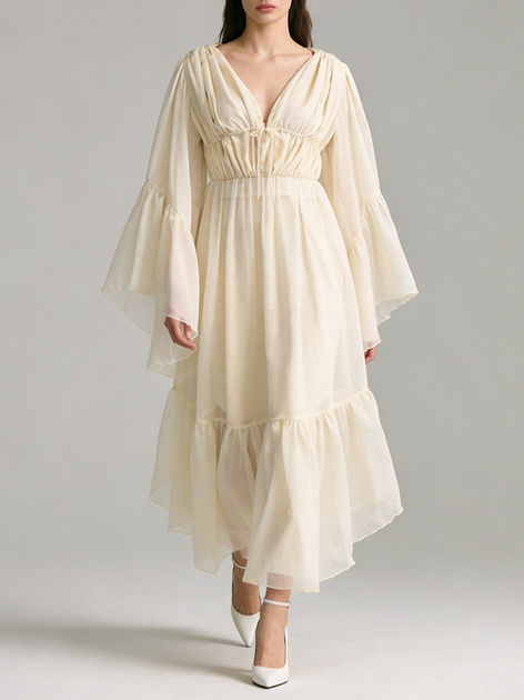 Irregular A-Line Dress, V-Neck Butterfly Sleeve, Ruffled Polyester, Zipper