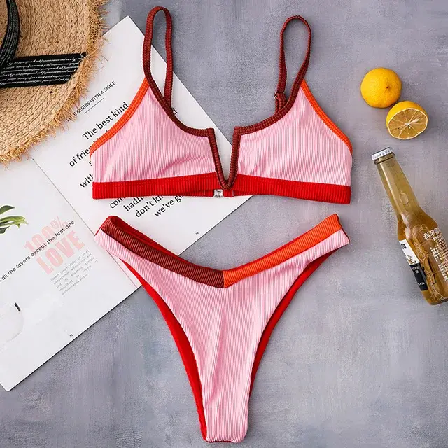 Cusuti V-Neck Bikini Swimsuit Two Piece Bathing Suit