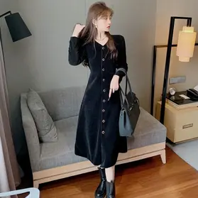 Long Sleeve V-Neck Dress, Solid A-Line Mid-Calf, Black Chemical Fiber Polyester