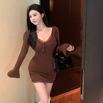 Mini Sheath Dress, Deep V-Neck Lace, Black Coffee Apricot Polyester