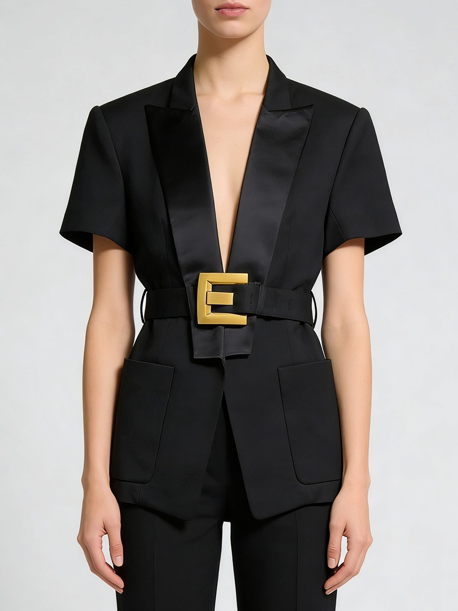 Blazer, Notched Collar, Spliced Belt, Hidden Breasted, Polyester for Blazer, Notched Collar, Spliced Belt, Hidden Breasted, Polyester view 1