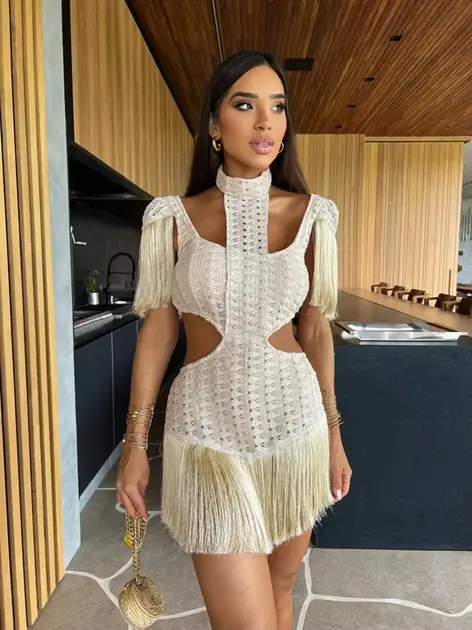 Lace Turtleneck Dress with Fringe Tassel Sleeves and Slim Fit