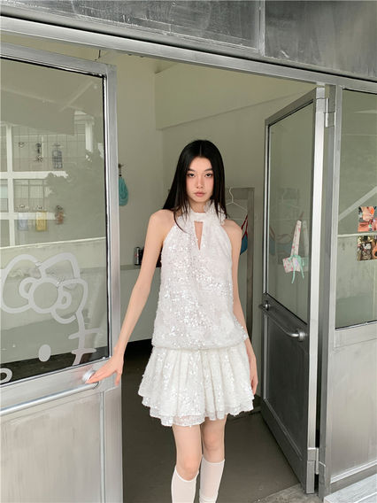 Ball Gown Dress, Halter Neck Mini Dress, White Sequined Polyester, High Street