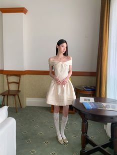Gold Jacquard A-Line Dress, Pullover Mini Dress, Polyester Tatting, Slash Neck