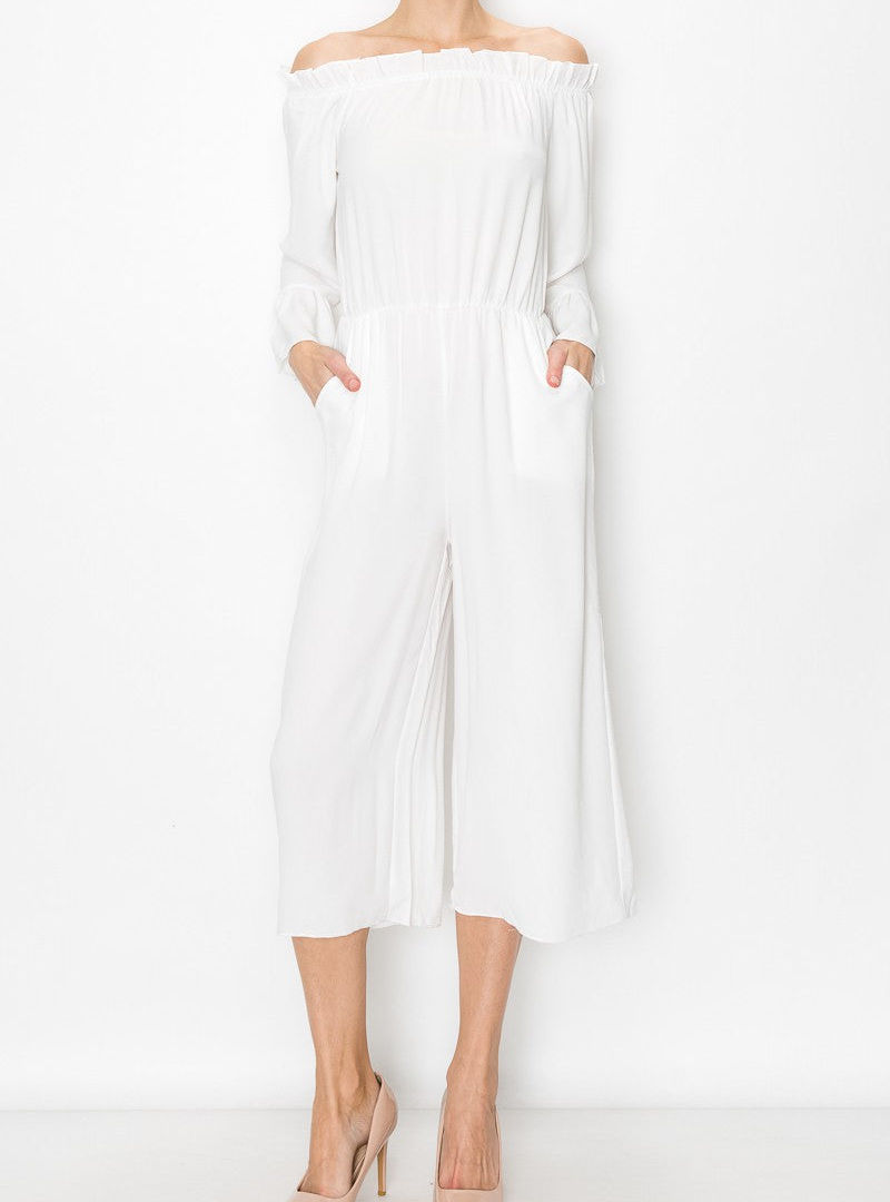 Cusuti Women's Off-Shoulder Jumpsuit featuring ruffle sleeves, elastic waist, and a comfortable fit. Available in various col