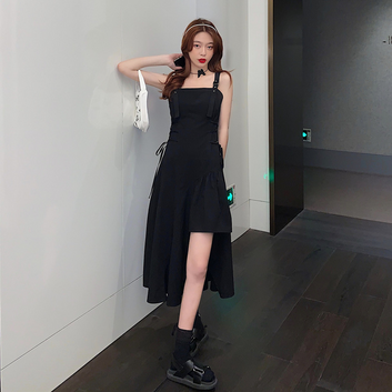 Asymmetrical Sleeveless Dress, Black Lace-up Sundress, Mid-Calf A-Line