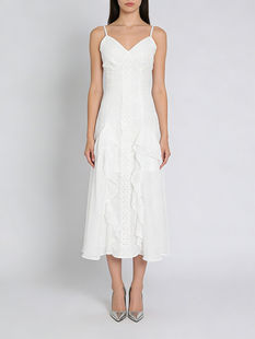 Sleeveless V-Neck Ruffles A-Line Dress, White Polyester Woven Tatting,