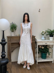 Floral Embroidery Dress, White Polyester Cotton Blend, O-Neck Mid-Calf