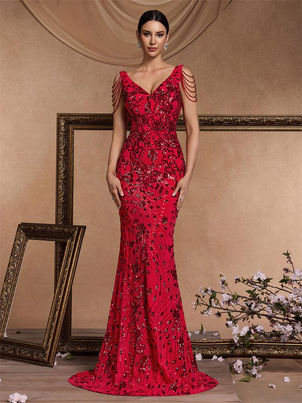 Evening Dresses, Beading Sequin Mermaid Trumpet Gown, Zipper Open Back, V-Neck