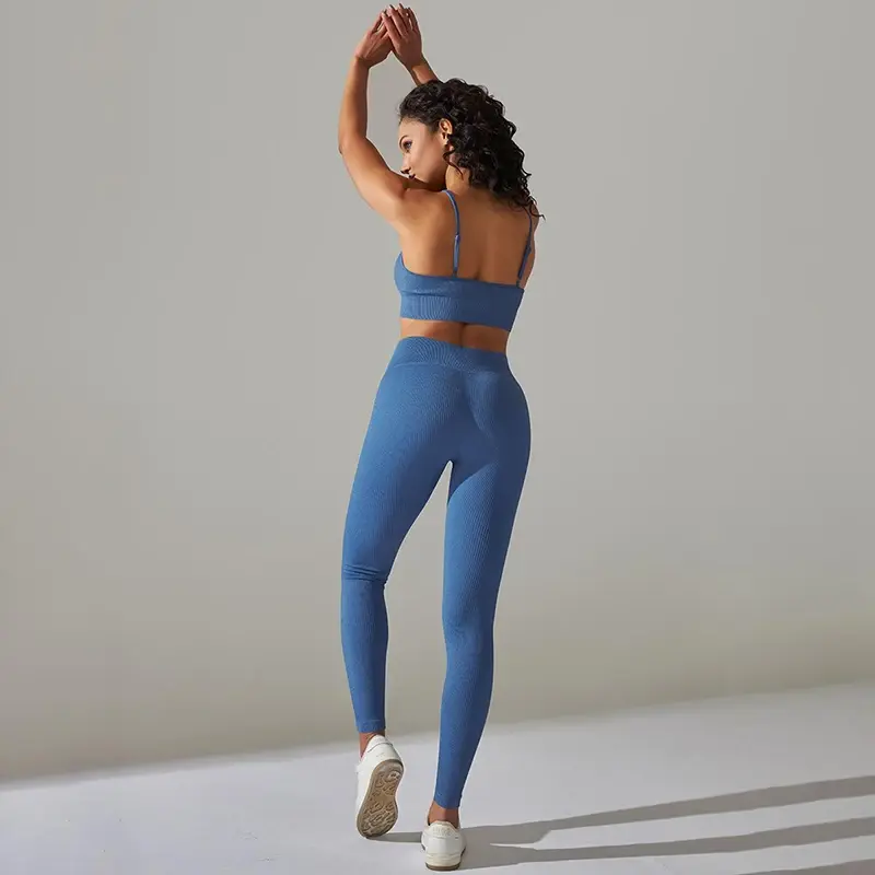 Cusuti Seamless Ribbed Yoga Set | 2 Piece Workout Set | Gym Leggings and Sports Bra