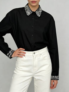 Solid Long Sleeve Shirt, Turn-Down Collar Blouse, Polyester Woven Fabric,