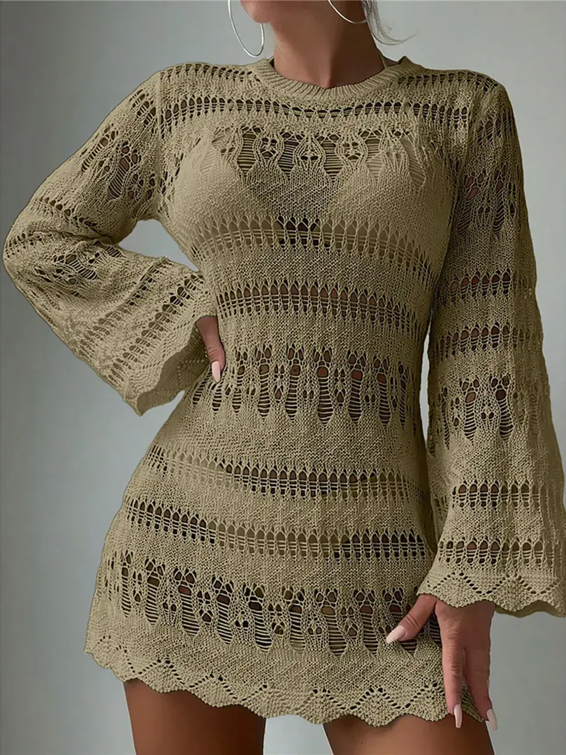 Cusuti Long Sleeve Crochet Knit Tunic Beach Cover Up Hollow Out Boho