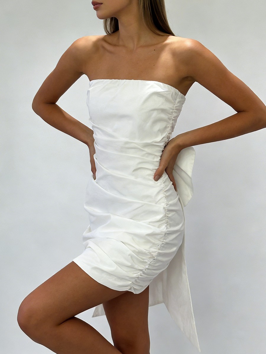 Mini Dress, White Spliced Bow Detail Sheath Polyester for The Strapless White Mini view 3