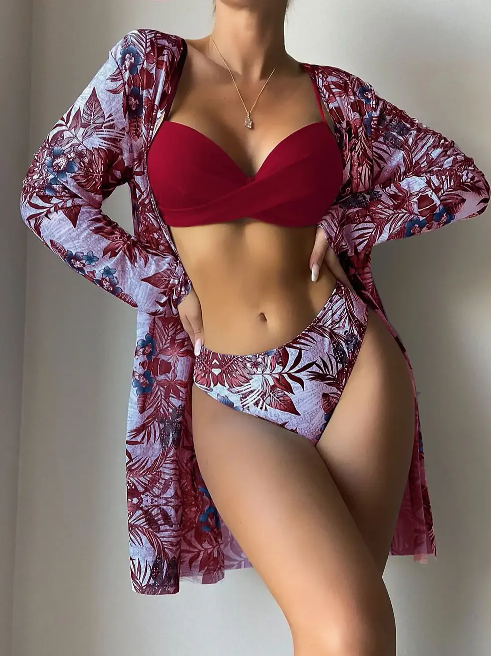 Thumbnail: Printed Beach Cover Up Bikini Set Women Sexy Hollow Out High Waist Three Piece