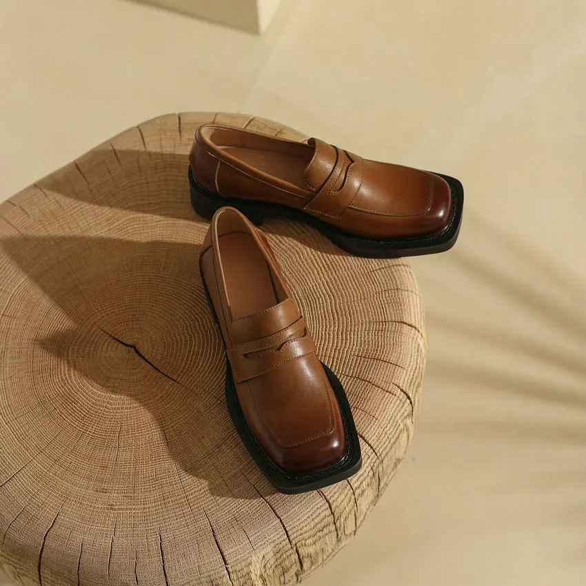 Cow Leather Loafers Square Toe Slip on Medium Square Heel Platform Business for Cow Leather Loafers Square Toe Slip on Medium Square Heel Platform Business view 4