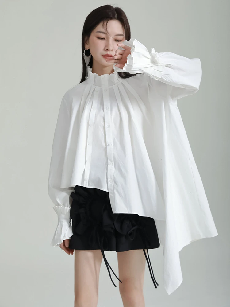 Women White Pleated Irregular Big Size Blouse New Stand Collar Long Sleeve Shir for Women White Pleated Irregular Big Size Blouse New Stand Collar Long Sleeve Shir view 4