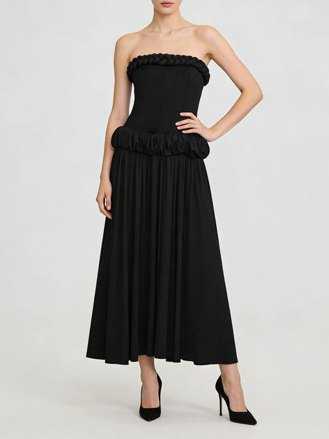 Solid Shirring A-Line Dress, Slash Neck Sleeveless Polyester Midi Dress