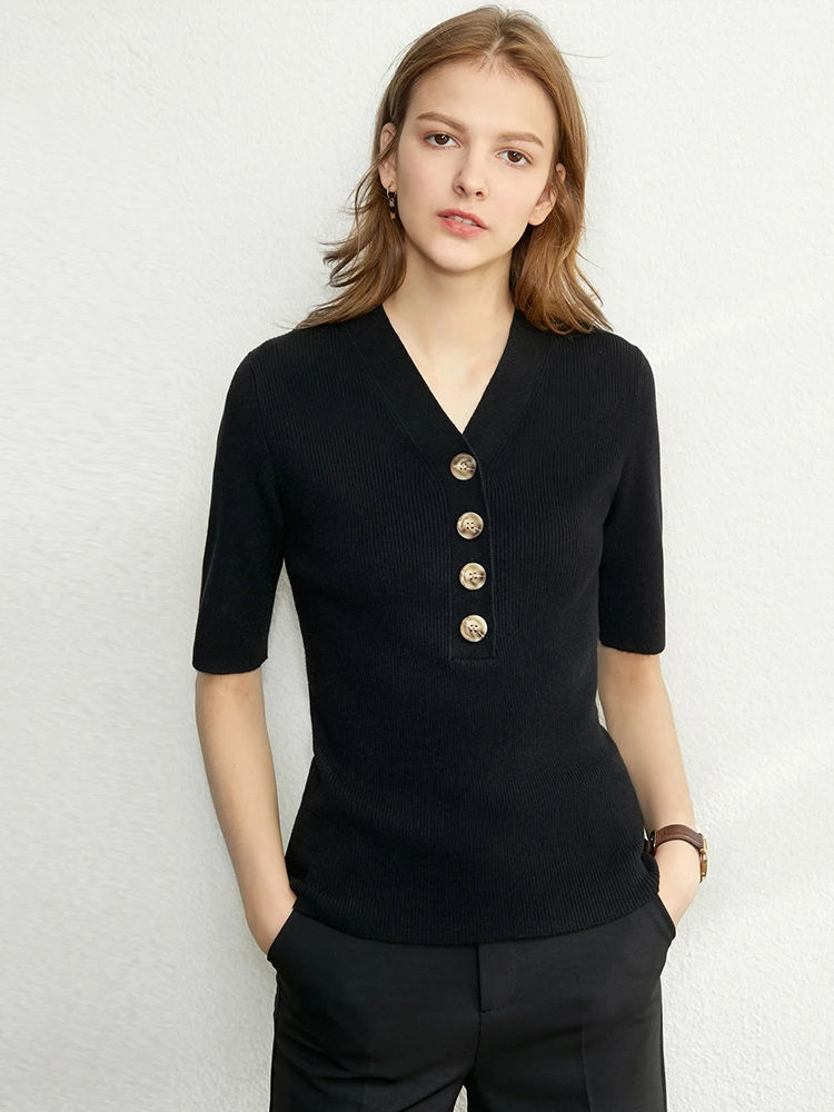 T Shirt with V-Neck Knitted T-Shirt Casual Slim Fit Spring Tops