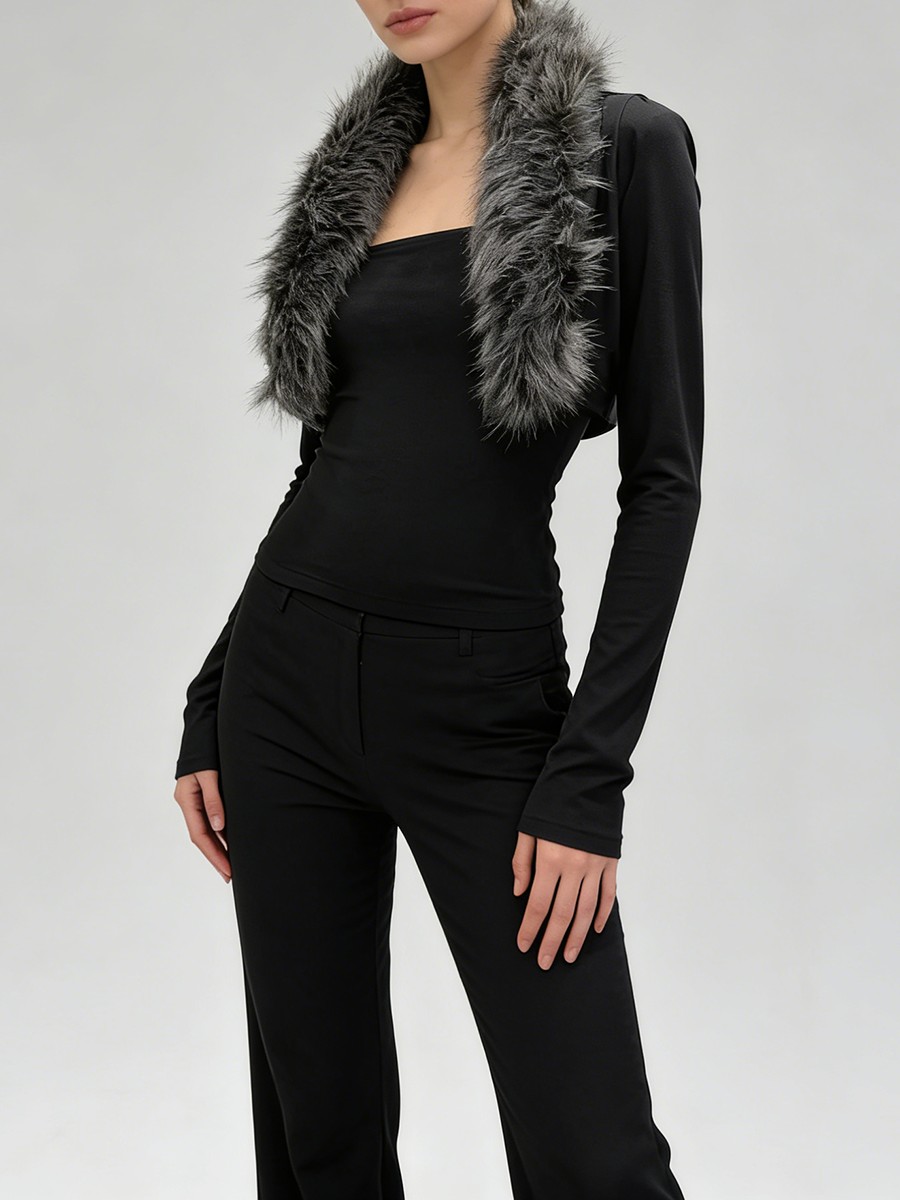 Black Fur Collar Two Piece Sets, Turn Down Collar Polyester Jacket for Black Fur Collar Two Piece Sets, Turn Down Collar Polyester Jacket view 4