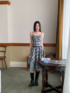 Tie Dye Plaid Asymmetrical Slip Dress, Polyester Knee-Length Blue Camisole