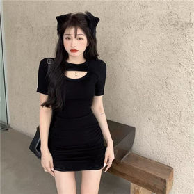 Mini Dress, Knit Shirring A-Line Black, Cotton Polyester Blend