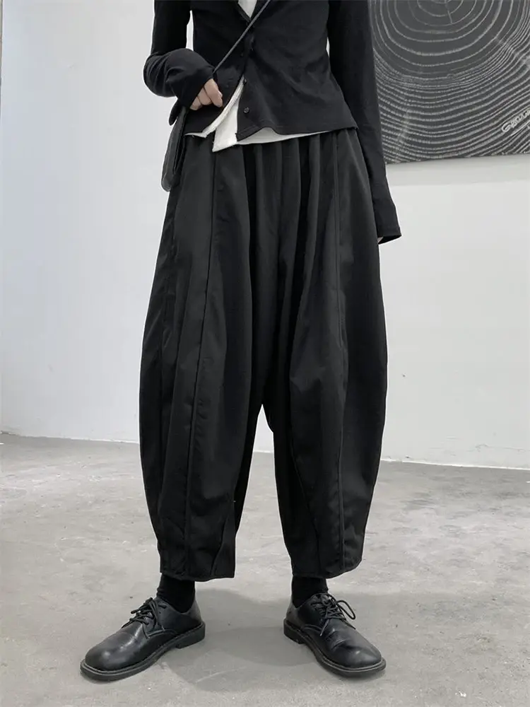 Cusuti Black & Gray Wide Leg Pants High-waisted, relaxed-fit ,elastic waist,hollow out details & pockets.