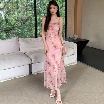 Print Maxi Dress, Sleeveless Square Collar, Polyester Cotton Pink, Slim Fit