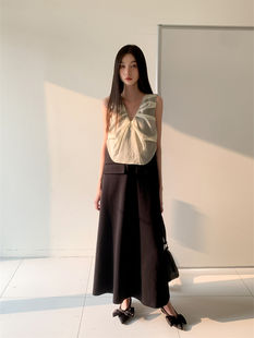 Sleeveless V-Neck A-Line Dress, Cotton Blend, Mid-Calf Length, Pullover