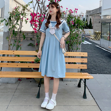 Sailor Collar Bow Dress, Patchwork A-Line Dress, Black Blue Pink, Korean Style