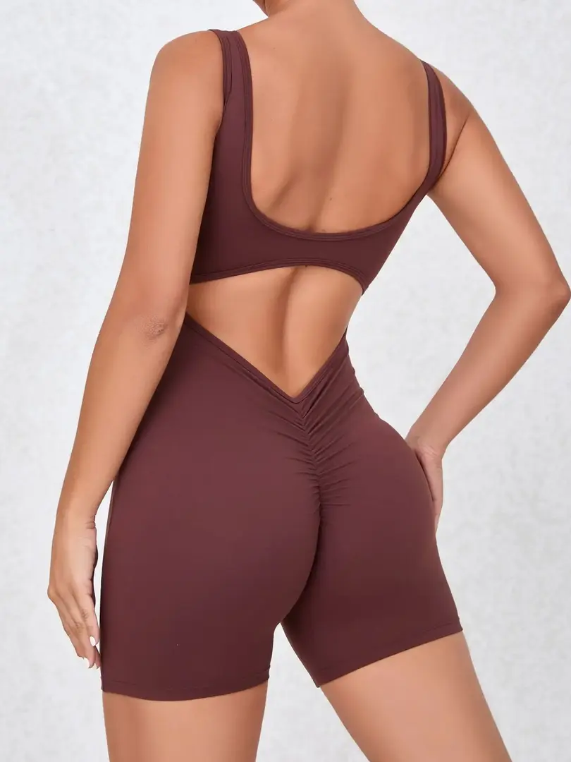 Cusuti V Back Scrunch One-Piece Sports Jumpsuit Activewear Gym Rompers Quick-Dry