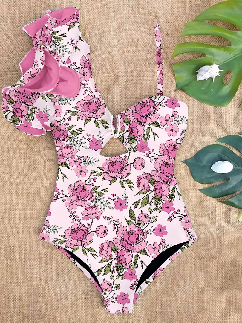 Cusuti One Shoulder Ruffle One Piece Swimsuit Floral Print Swimwear