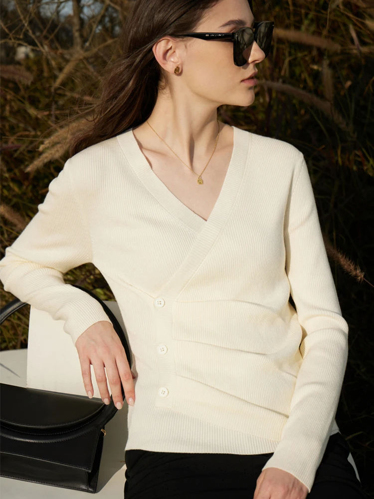 V-Neck Shirring Knit Sweater Spring Office Casual Chic