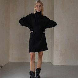 Turtleneck Knit Dress, Long Sleeve Pullover, Acrylic Spandex, Casual Solid Mini