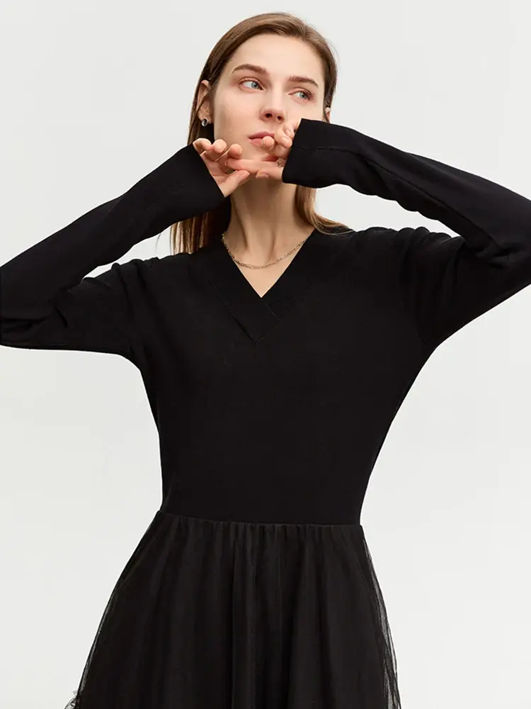 Long Sleeve Dress with Minimalist Autumn V-Neck Spliced Slim